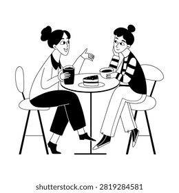 Two women chatting at cafe table with coffee and cake, Scandinavian black and white minimalist character illustration