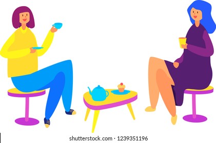 Two women chatting and drinking hot drinks. Vector illustration of lilac haired woman and blue haired woman. Vividly coloured interior. Flat design characters isolated on white background. 