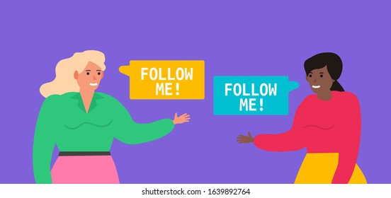two women chatting follow me social media communication concept