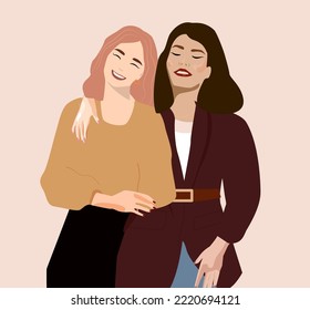 Two women are cheerful friends hugging each other. Women's friendship. Vector illustration is suitable for a Christmas or women's birthday card. Stylish girls are posing for a photo. Happy moments