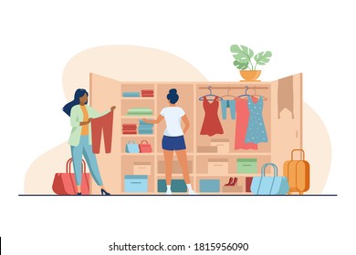Two women choosing clothes for travel from wardrobe. Apparel, dress, baggage flat vector illustration. Fashion and vacation concept for banner, website design or landing web page