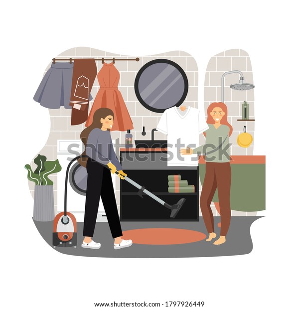 Two women cleaning ladies\
cartoon characters doing laundry, vacuuming carpet, vector flat\
illustration. Home cleaning, laundry, housekeeping maid\
services.