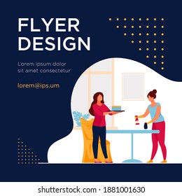 Two women cleaning table and room. Work, cooperation. Flat vector illustration. Cleaning service concept can be used for presentations, banner, website design, landing web page