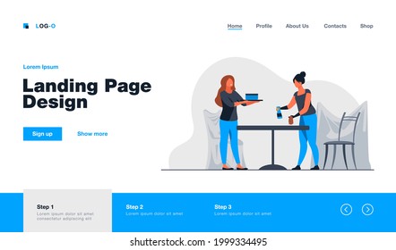 Dos mujeres limpiando mesa y habitación. Trabajo, cooperación. Ilustración vectorial plana. El concepto de servicio de limpieza puede utilizarse para presentaciones, banner, diseño de sitios web, página web de inicio