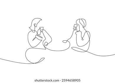 Two Women with Coffee Cup One Line Vector Illustration. Line Art Coffee Concept  for Cafe Design. Trendy Linear Sketches of Outline Monochrome Isolated Art on White Background. Not AI