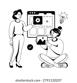 Two women collaborate on a web development project, glyph illustration
