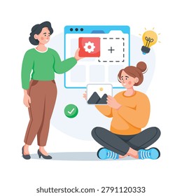Two women collaborate on a web development project, flat illustration