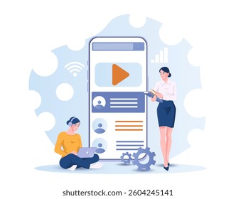 Two women collaborating on a mobile app interface, one seated with a laptop and the other standing with documents, on a light abstract background. Concept of digital teamwork. Vector illustration