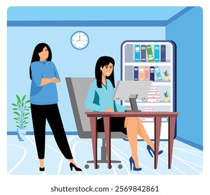 Two women collaborating in a professional office environment. The room features bookshelves, decorative plants, and modern furniture, emphasizing teamwork and organization. 
