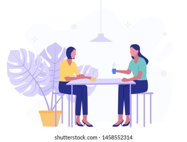 Two Women Colleagues Chatting During Coffee Breaks At A Table In A Cafe. Modern Flat Vector Illustration.