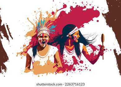 two women with colorful powders in Holi festival, illustration Background.