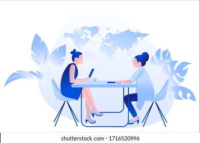 Two Women Communicate. Interview. Business Conversation. Meeting Of Business Partners.
