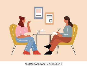 Two women communicate in the office, concept illustration for psychotherapy, job interview, adolescent psychologist, school problems. Modern flat vector illustration.