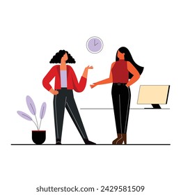 Two women communicate in the office, concept illustration for psychotherapy, job interview, adolescent psychologist, school problems. Modern flat vector illustration.