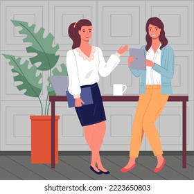 Two women communicate in office during break. People talk, spend time together at work or rest. Girls discussing in cafe or workplace. Working meeting, communication, dialogue, conversation concept