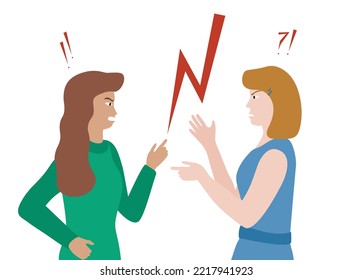 Two Women in conflict. Two women characters quarrel among themselves. Vector flat illustration. Green, blue, red colors. Isolated on white.