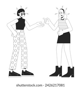 Two women confrontation black and white cartoon flat illustration. Girlfriends aggressive 2D lineart characters isolated. Emotional expressing, body language monochrome scene vector outline image