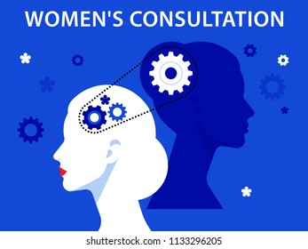 Two women connected with each other by chain and gear. Consulting business or women's consultation. Vector illustration in flat style for web, banner, poster, presentation.