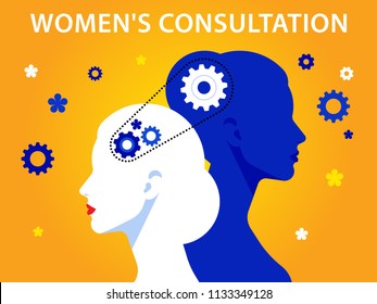 Two women connected with each other by chain and gear. Consulting business or women's consultation. Vector illustration in flat style for web, banner, poster, presentation.