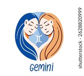 Two women with contrasting hair colors representing the Gemini zodiac sign. Vector illustration of duality and connection of the Gemini theme in modern doodle style way.
