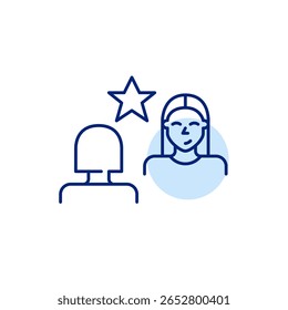 Two women in conversation and star. Interview, dialog, trusted communication. Pixel perfect, editable stroke vector icon