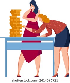 Two women counting coins on a table, one in red pondering, other in polka dots adding coins. Money management and financial planning vector illustration.