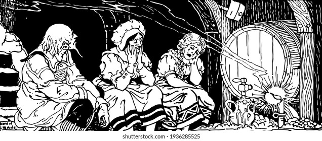 Two women are crying and man sitting near them, lighting candle in front of them, vintage line drawing or engraving illustration