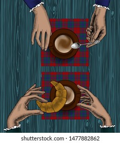 Two women with cups of coffee on bright background. Female hands with a coffee cup and yellow croissant. Coffee concept. Vintage engraving stylized drawing. Vector illustration