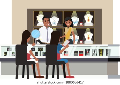 Two women customers sitting on chairs in front of a store staff like below illustration. Jewelry, store, mall. Vector Flat illustration