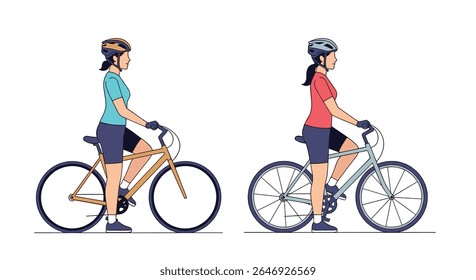 Two Women Cyclists Prepared for Outdoor Bicycle Rides with Protective Gear and Athletic Attire