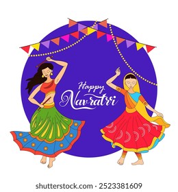   Two women dancing in colorful traditional attire, likely performing Garba or Dandiya Raas The background is purple with festive flags hanging above The text Happy Navratri is prominently display