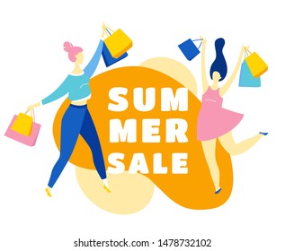 Two women dancing happy with purchase buy paper bags . Summer sale discount black friday start . Blue, pink, yellow colors on white background. Vector illustration flat style.