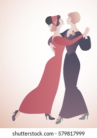 Two women dancing together and wearing 19th century clothes. Queer dancing