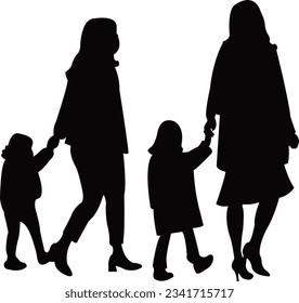 dos mujeres dos hijas, caminando, vector de silueta