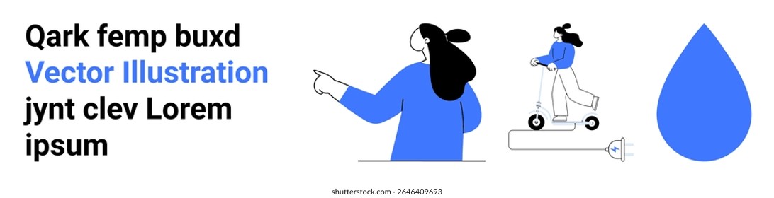 Duas mulheres em atividades diferentes, uma apontando, outra andando de scooter. Inclui uma grande gota de água azul e texto. Ideal para aplicativos, sites, marketing digital, educação, anúncios, mídias sociais