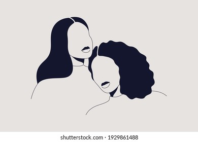 Two women of different ethnicities and cultures together. Strong and brave girls support each other and the feminist movement. Sisterhood and females friendship. Vector illustration