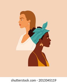 Dos mujeres de diferentes nacionalidades y culturas que se mantienen unidas
Retratos de niñas. Feminismo, movimiento de empoderamiento femenino y diseño de concepto de hermandad.
