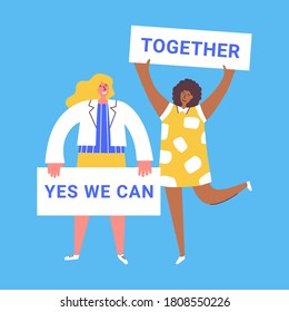 Two women different nationalities holding banners. International women day. Fighting for rights, freedom, independence, equality. People taking part in parade or rally calling on to union vector