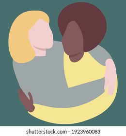 Two women of different nationalities are hugging. Friendship of different cultures. Female solidarity. Flat vector illustration
