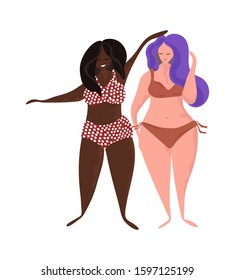 Two women of different race, height, figure type and size dressed in swimwear and standing together. Female flat cartoon characters. Body positive movement and beauty diversity. Vector illustration