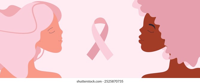 Duas mulheres com diferentes cores de pele opostas uma à outra e fita rosa. Conceito de tema de controle do câncer de mama. Mês de Conscientização sobre o Câncer de Mama. outubro.  