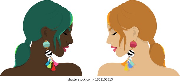 Dos mujeres diferentes en su complejidad, pero su belleza reside en su fuerza. Ambos llevan pendientes de colores. Retrata la fuerza y la confianza de las mujeres, independientemente de sus matices y tonos de piel.