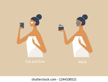 Two women with different types of various types of skin care. Face mask and eye patches. Organic spa cosmetics for face care and beauty. Vector illustrations in flat design style
