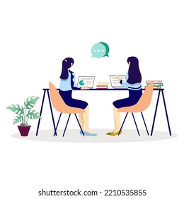 Two women discussing about indoor office work using laptop on work desk. working woman, working sitting, chair, table stacking books, talking casually. Flat vector illustrations.