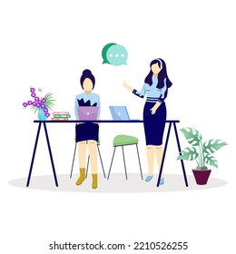 
Two women discussing business or office work indoors using laptop on work desk. working woman, flower vase table, working sitting, chair, book stack table, talking casually. Flat vector illustrations
