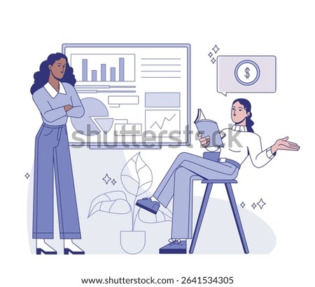 Two women discussing financial data with graphs and charts on screen, modern flat style, indoor white background, concept of business strategy. Vector illustration