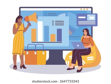 Two women discussing online marketing strategy with analytics charts on a large screen, flat graphic style, isolated on white background. Concept of e-commerce. Vector illustration