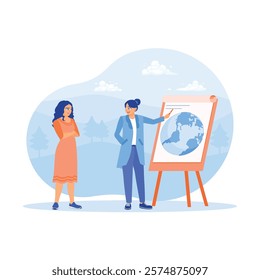 Two women discussing outdoors. Discuss the global issue of green energy using a flip chart. Circular Economy concept. Flat vector illustration. 