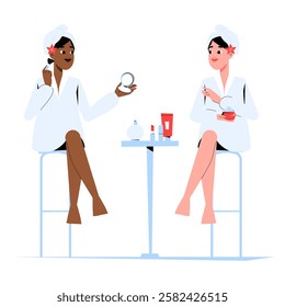 Two Women Discussing Skincare Products In Beauty Consultation In Flat Vector Illustration Symbolizing Wellness, Self Care, And Beauty Routines, Isolated On White Background.