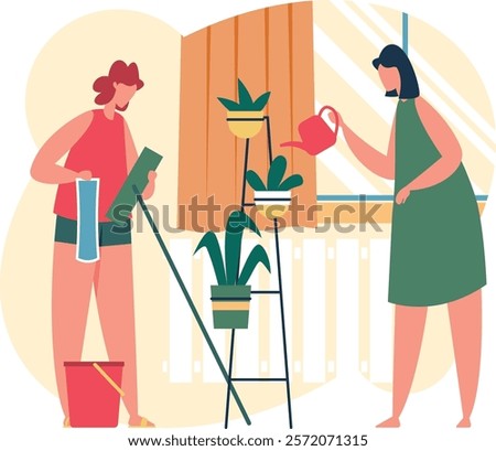 Two women are doing housework, one is cleaning windows with a squeegee and a bucket of water, while the other is watering plants on a metal rack